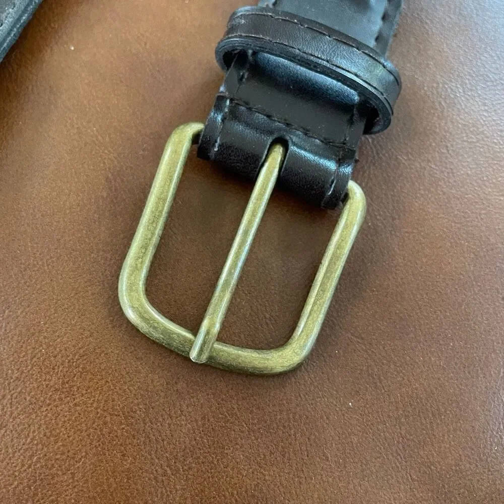 Vintage Khaki Tan Cotton Web Belt Dark Brown Faux Leather Gold Tone 36